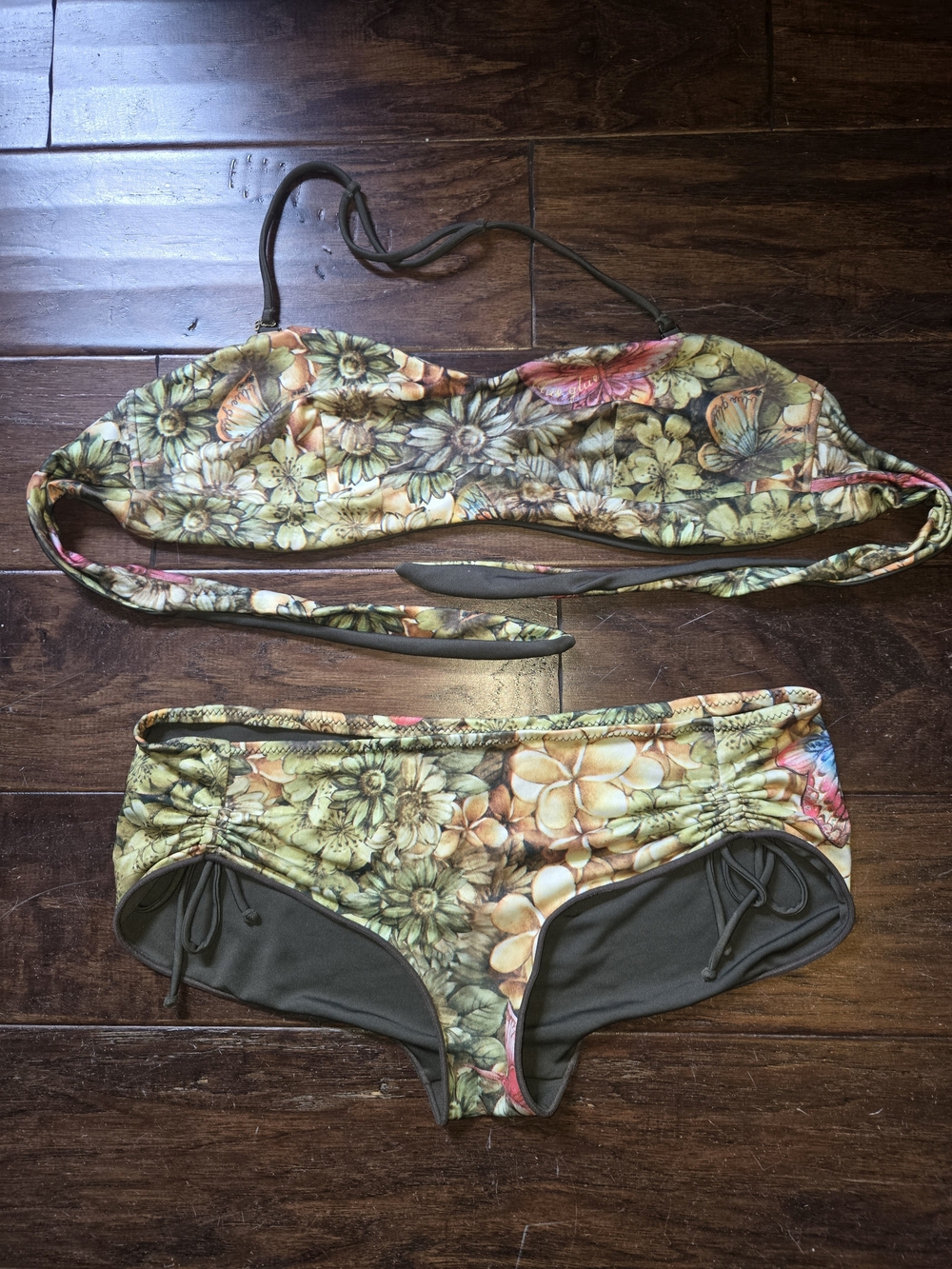 Floral Tie-Back Bandeau Bikini Set - Green Floral, sz L
